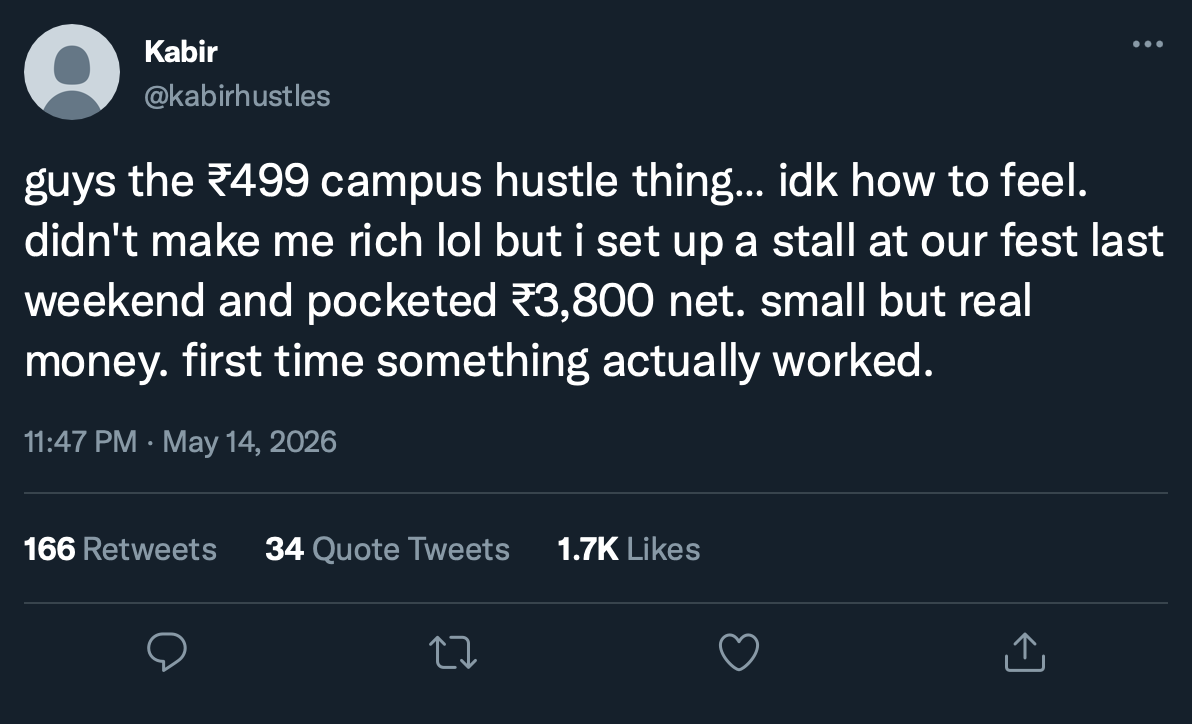 Kabir made ₹3,800 net from his first college fest stall